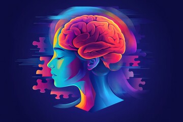 Wall Mural - Vibrant digital portrait of a woman with a glowing brain representing the fusion of artistic creativity mental energy and the power of modern technology