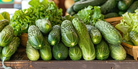 Canvas Print - Fresh cucumbers and green vegetables on display at the market counter