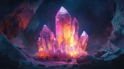 Wall Mural - Glowing Crystal Formation in Dark Cave