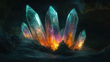 Wall Mural - Glowing Crystal Formation in Dark Cave