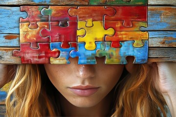 Wall Mural - Conceptual portrait of a woman with colorful puzzle pieces as her face symbolizing the integration of thoughts ideas and the vibrant complexity of identity