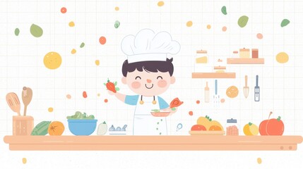 Cute Cartoon Chef Boy Cooking in Kitchen with Vegetables and Fruits