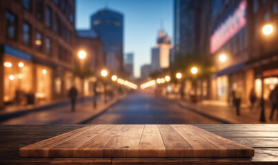 A wooden table sits in front of a blurry city street at dusk