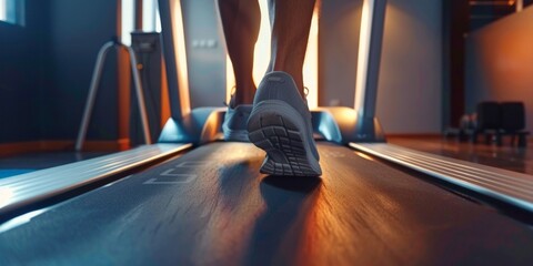 a man Warm Up running on the treadmill at the gym Closeup feet with shoes of a sportsman Jogging