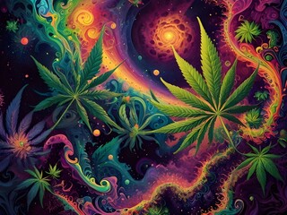 Wall Mural - Cannabis Art with a Psychedelic Starry Night Background