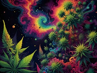 Wall Mural - Cannabis Art with a Psychedelic Background