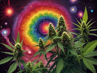 Wall Mural - Cannabis Art with a Psychedelic Background