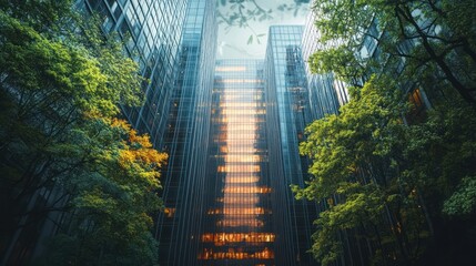 Poster - Modern Glass Skyscraper Building with Surrounding Green Trees