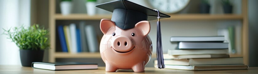 Wall Mural - Desk scene with piggy bank in graduation cap, saving for education concept, books and clock in background, financial planning, academic investment