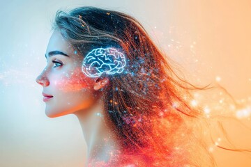 Wall Mural - Realistic soft focus portrait of a woman with a glowing neural network superimposed representing the convergence of human thought and digital innovation