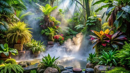 Tropical plants and moss in a garden being misted and splashed with water, tropical, plants, moss, garden, misting