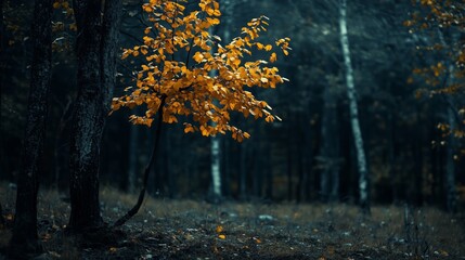 Wall Mural - a solitary golden tree stands out in a dark forest during autumn, surrounded by a tranquil atmospher