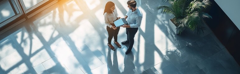 Poster - Business professionals collaborate in a modern office lobby with large windows during daylight