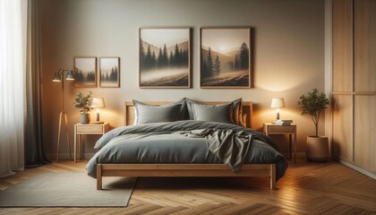 A cozy bedroom interior, wooden bed frame with gray bedding, two nightstands with table lamps, three framed landscape photos on the wall depicting trees and misty scenery, minimalist decor with a pott