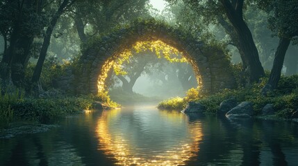 Poster - Mystical Stone Archway Gateway to Magical Forest with Golden Light