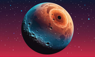 Wall Mural - A large, rocky planet with craters and a red, orange, and blue surface sits against a starry backdrop