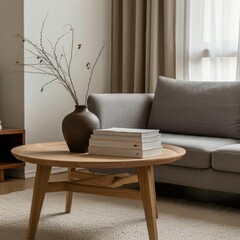 A modern, minimalist living room, stylish gray couch, round wooden coffee table with books, vase with dried branches, soft natural light through window, neutral color palette, cozy textured accents