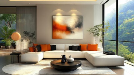 Wall Mural - modern living room, minimalistic design, white sectional sofa, orange and black accent pillows, abstract wall art, round coffee tables, potted plants, large windows, natural light, cozy ambiance, cont