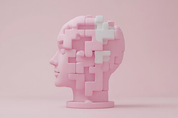 Canvas Print - Pink minimalist bust with puzzle pieces representing mental blocks problem solving and the journey toward personal growth and understanding