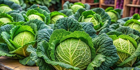 Wall Mural - Freshly harvested Savoy cabbage on display at the farmer's market, Savoy cabbage, fresh, harvest, green, vegetable, organic