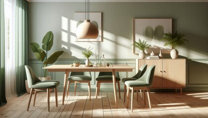 Wall Mural - modern Scandinavian dining room, minimalistic furniture, pastel green walls, light wooden dining table, green upholstered chairs, large pendant light, wooden sideboard, indoor plants, cozy and serene 