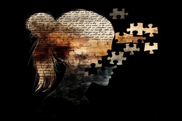 Poster - Profile of a woman with literary text and puzzle pieces representing the fusion of knowledge creativity and the mental complexity of interpreting lifes stories