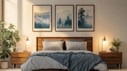 A cozy bedroom interior, wooden bed frame with gray bedding, two nightstands with table lamps, three framed landscape photos on the wall depicting trees and misty scenery, minimalist decor with a pott