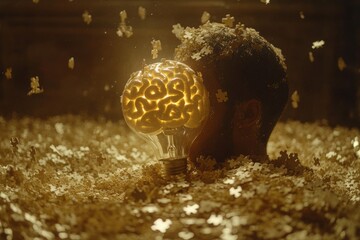 Poster - Man’s head filled with golden puzzle pieces symbolizing the complexity of thought problem solving and the richness of cognitive processes in the human mind