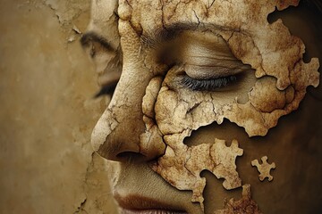 Poster - Close up of a weathered face with cracked skin symbolizing aging memory loss and the erosion of identity over time