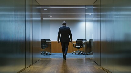Poster - Businessman walking down a hallway in a modern office building