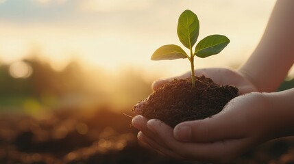 Wall Mural - Child s Hands Holding Seedling with Soil at Sunset