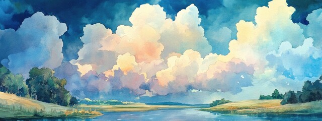 Wall Mural - watercolor illustration of clouds over a river landscape