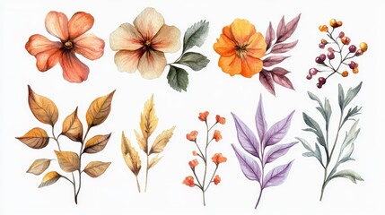 Poster - Watercolor illustration of flowers accompanied by leaves