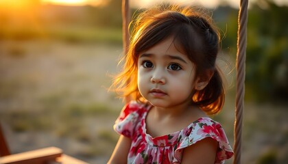 Portrait of a Little Girl at Sunset with Dreamy Expression