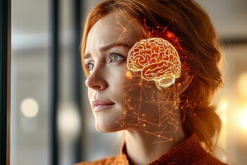 Portrait of a woman with a glowing digital brain representing intellectual curiosity cognitive enhancement and the power of modern thought processes