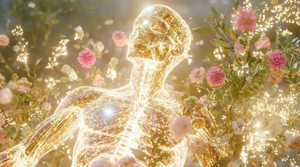 Poster - Golden Light Human Skeleton Surrounded By Flowers