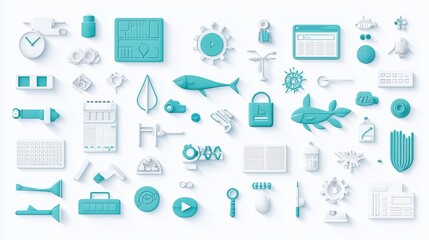 Poster - Aqua Blue  D Paper Icons Set   Website  App  Interface Design Elements