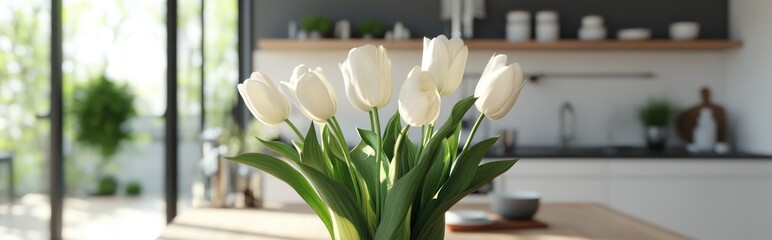 Fototapete - 3D rendering of white tulips in a kitchen setting