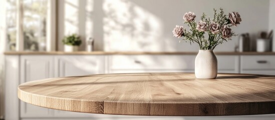 Poster - 3D rendering of an empty beautiful round wooden tabletop in a clean and bright kitchen interior ideal for display or product montage