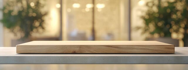Poster - 3D rendering of an empty wooden board on a table with a blurred background ideal for product display or montage