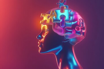 Canvas Print - Futuristic digital art of a human head with a puzzle brain symbolizing mental complexity problem solving and the intricate connections of the mind in a neon lit high tech aesthetic