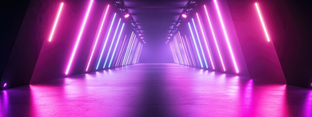Poster - 3D rendering of an abstract ultraviolet light tunnel featuring laser lines with a violet and pink gradient Modern neon lights create an empty stage with spotlights