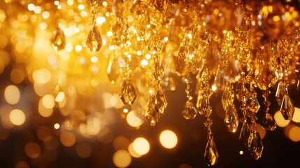 Poster - 3D rendering of a golden bokeh effect created by a stunning crystal chandelier