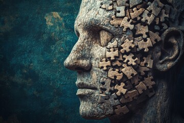 Wall Mural - Abstract representation of a fragmented face with puzzle pieces illustrating the complexity of human identity memory and the concept of self in a gritty textured style