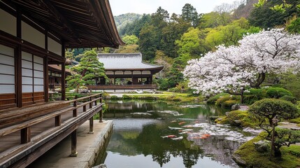 Canvas Print - Tranquil Japanese Garden with Koi Pond  Cherry Blossoms  and Traditional Architecture