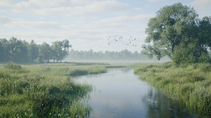 Sticker - Tranquil River Scene with Mist and Birds in Flight