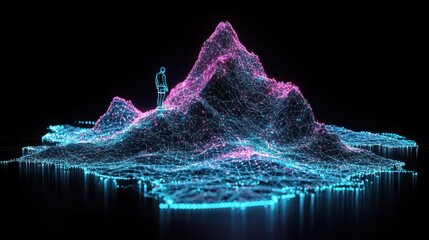 Poster - Abstract Person Standing on a Glowing Wireframe Mountain