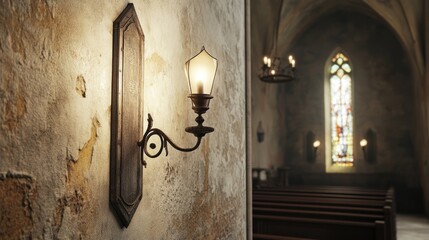 Poster - 3D rendering of an antique wall lamp within a church interior