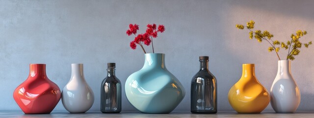 Poster - 3D rendering of a unique colorful ceramic vase alongside glass bottles