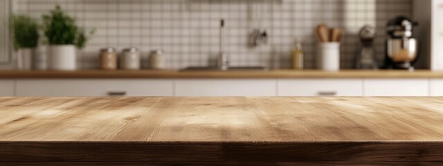 Sticker - Empty wooden tabletop with a blurred kitchen background for product display montage 3D rendering